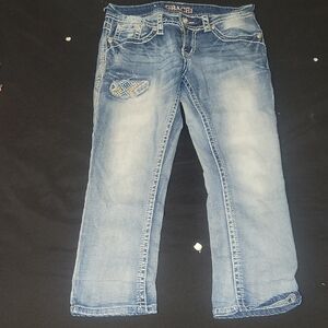 Grace Distressed Capri with Embroidered Patch Size 27